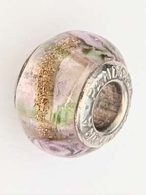 Pandora Murano Glass 925 Silver Charm Bead Pink Soft-Green w/Gold Shimmer